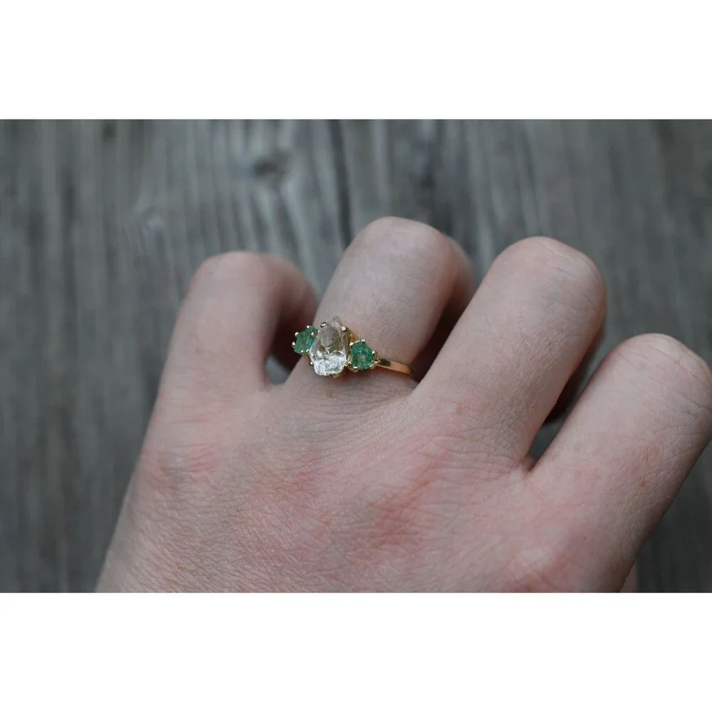 Engagement ring Raw emerald , raw Lake County diamond ring  size 4 5 6  7 8 9 10